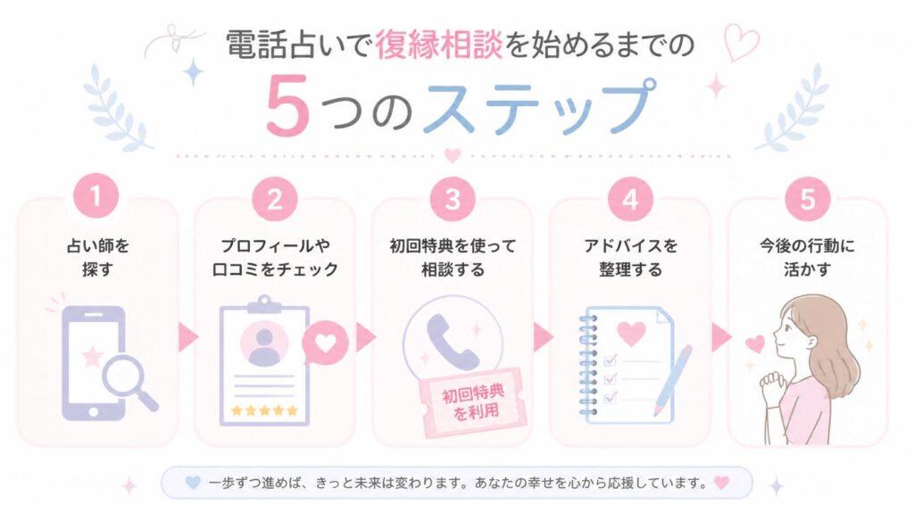 初めて利用する読者に、相談までの流れをひと目で理解してもらう