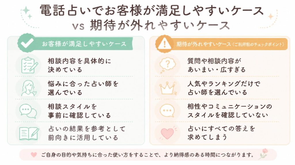 電話占いで満足しやすいケースと期待と違いやすいケースの比較図